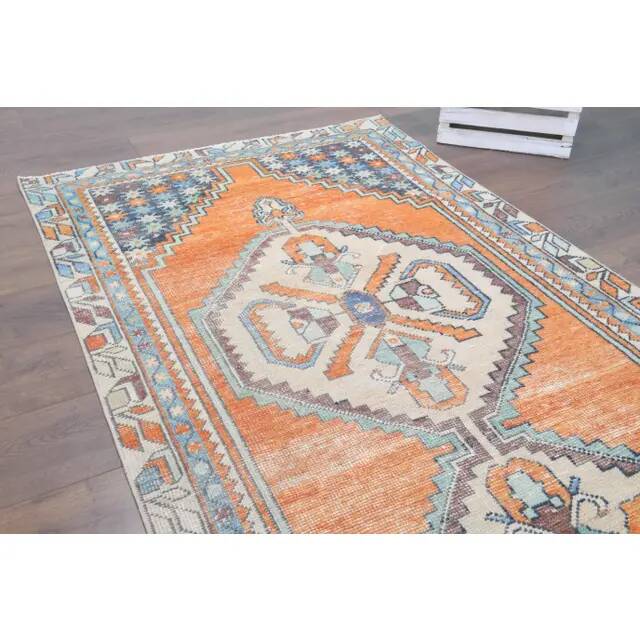 Vintage Turkish Oushak Handmade Wool Cotton Orange Runner Rug 116x250