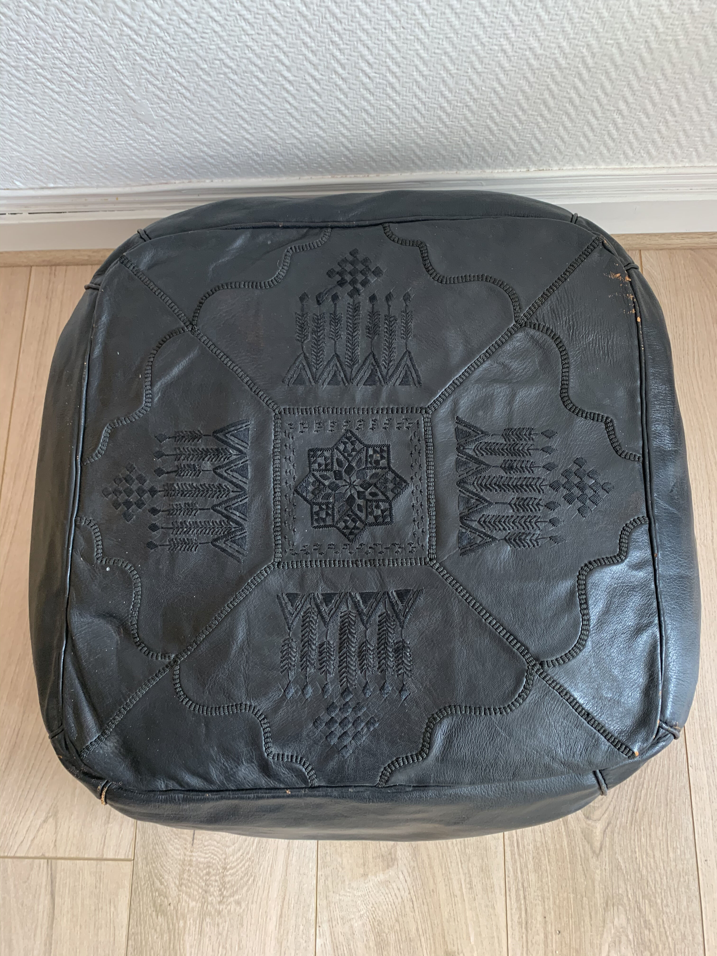 Moroccan vintage square leather pouf