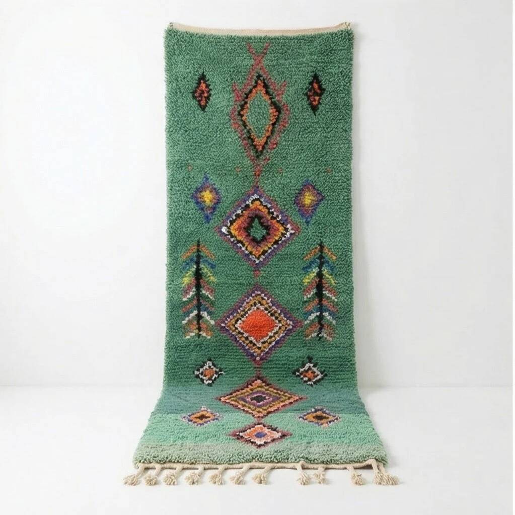 Bohémian green Berber hallway rug 75 x 280 cm