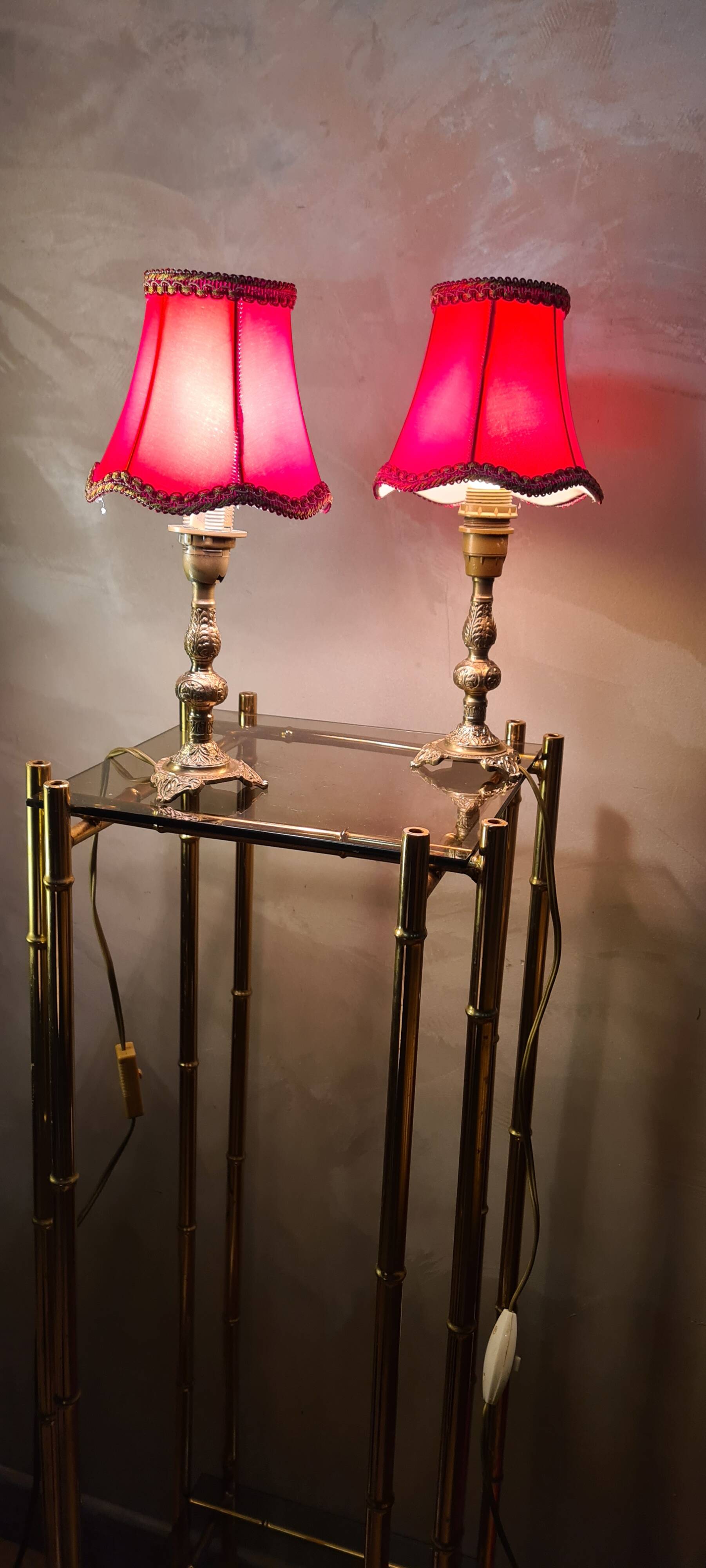 small pair of 70s bronze bedside lamps with red silk style lampshade, double, 29x14