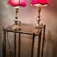 small pair of 70s bronze bedside lamps with red silk style lampshade, double, 29x14