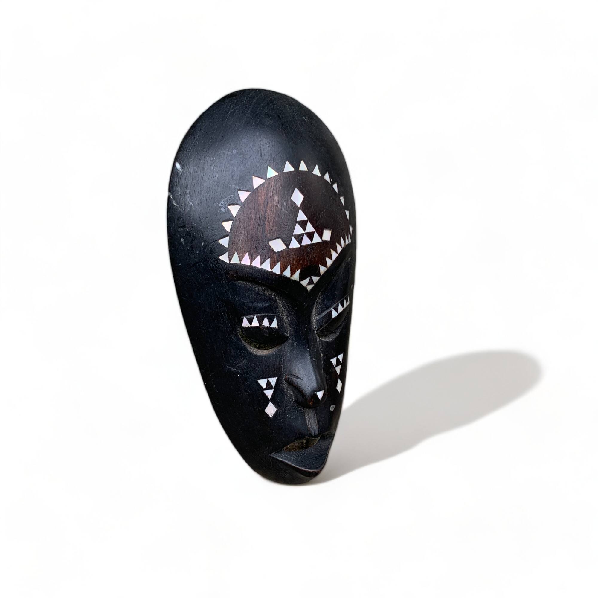 Africa mask in shell wood inlaid Ivory Coast Baoulé African art 1989 old vintage