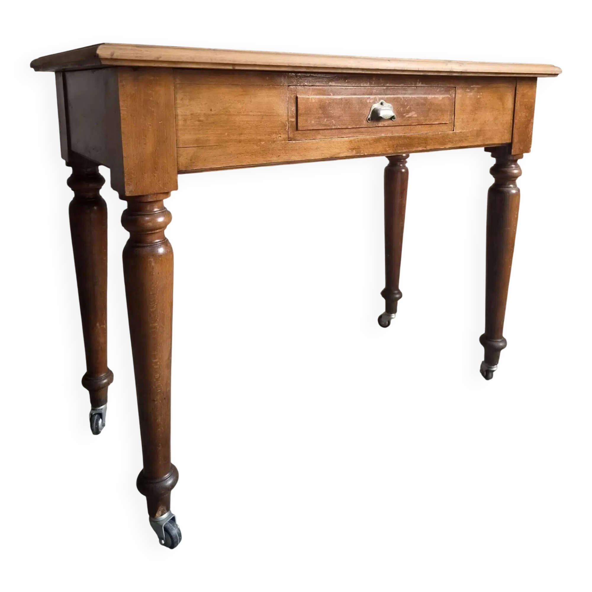 Vintage beech desk with a linoleum top and drawer.