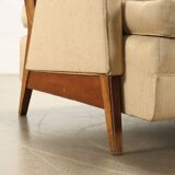 Canapé 3 places vintage des années 50-60, tissu beige et bois