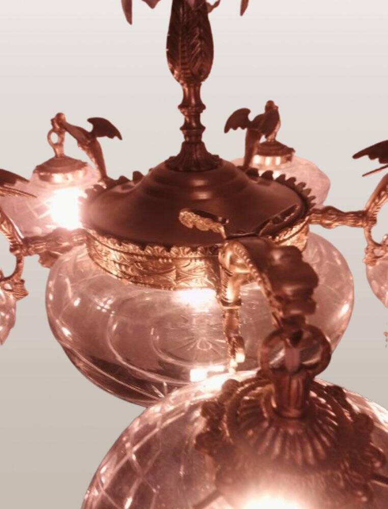 Large Gothic brass chandelier with 6 lights, 1940s.