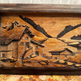 Tableau Alpin vintage années 50 - Sculpté et Pyrogravé - Ambiance Chal