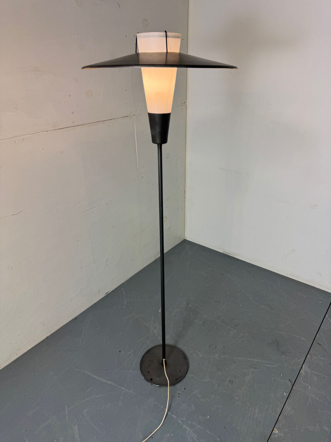 Mid Century France Modernist steel, brass and glass floor lamp, 1950s
