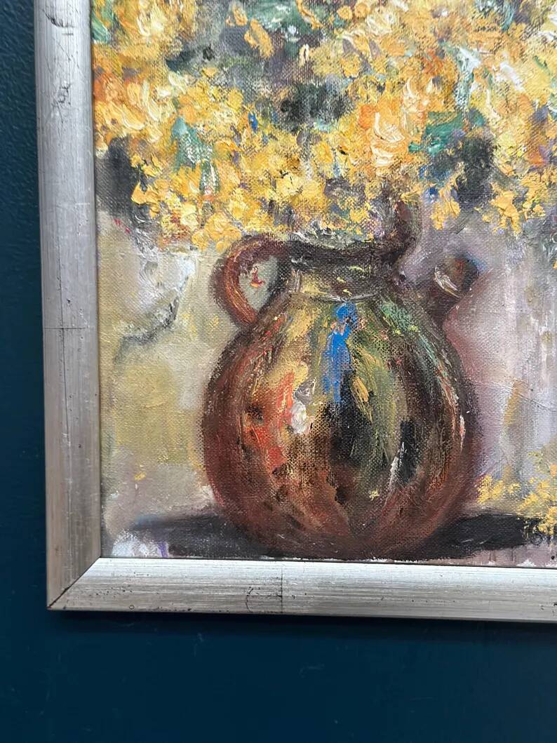Original Swedish Oil on Canvas – “Vessel with Mimosa” by Monica Gilhorn – Signed – Vintage & Framed – 40 × 31.5 cm (15.7" × 12.4")