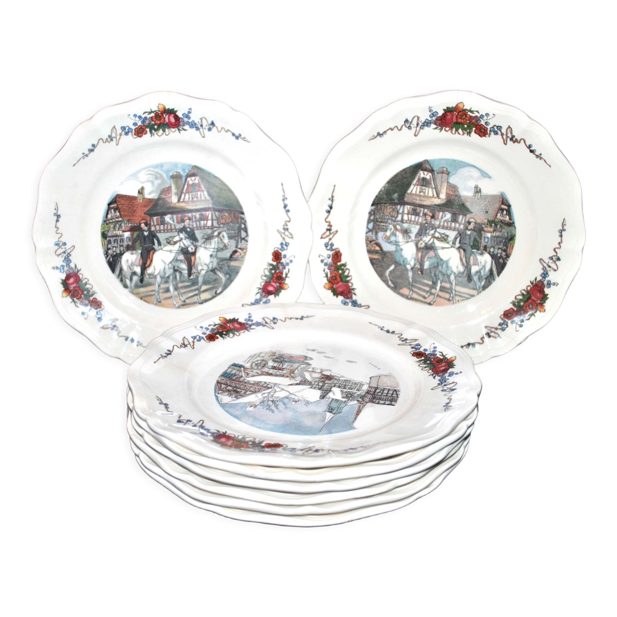 Set of 8 obernai flat plates in sarreguemines alsace earthenware 25cm