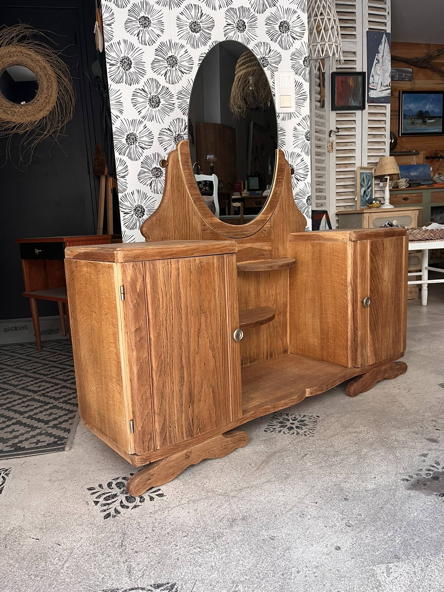 Coiffeuse buffet vintage Art Déco Mélissande 2 portes et miroir