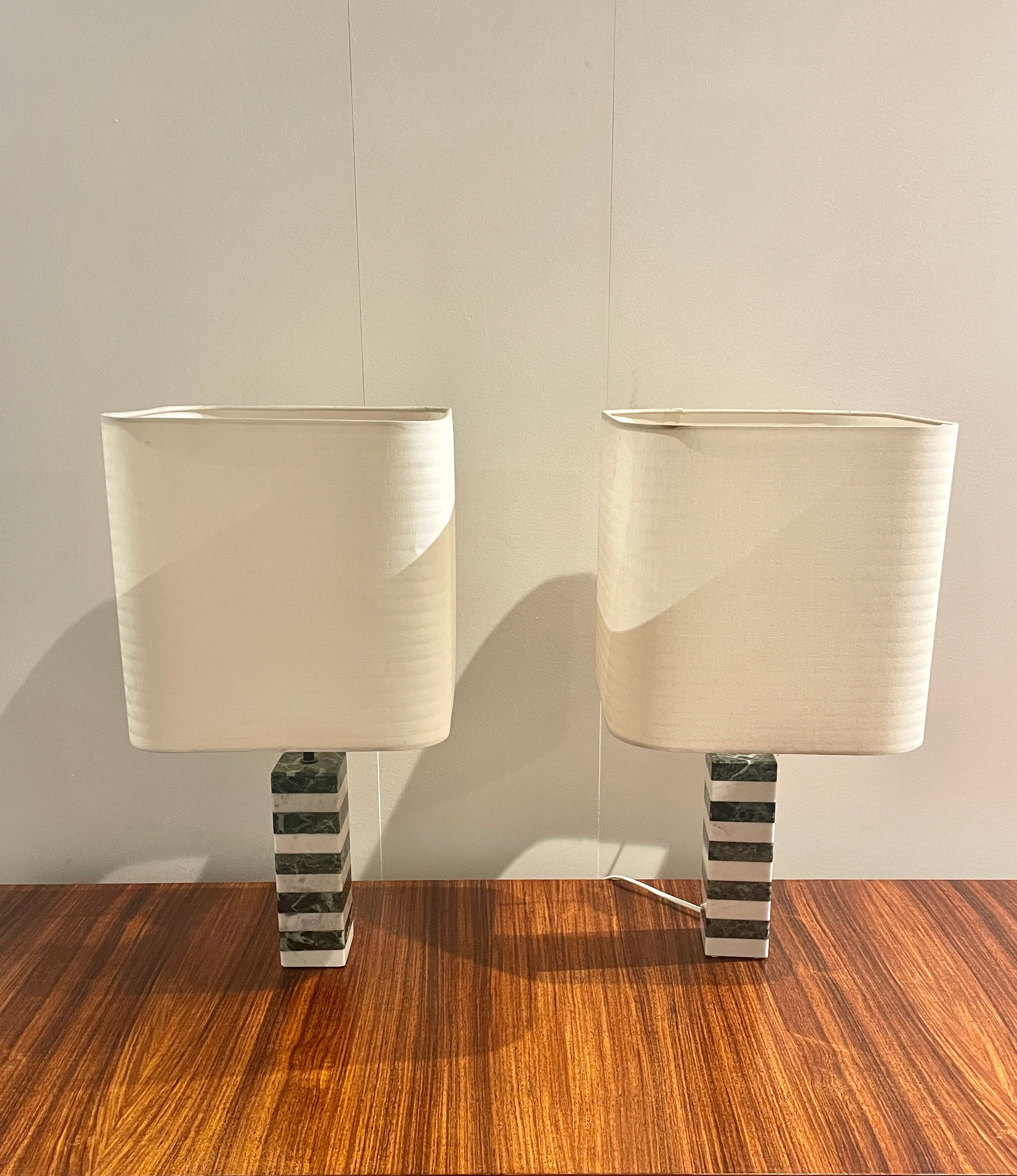 Pair of white and green marble lamps, 1970's