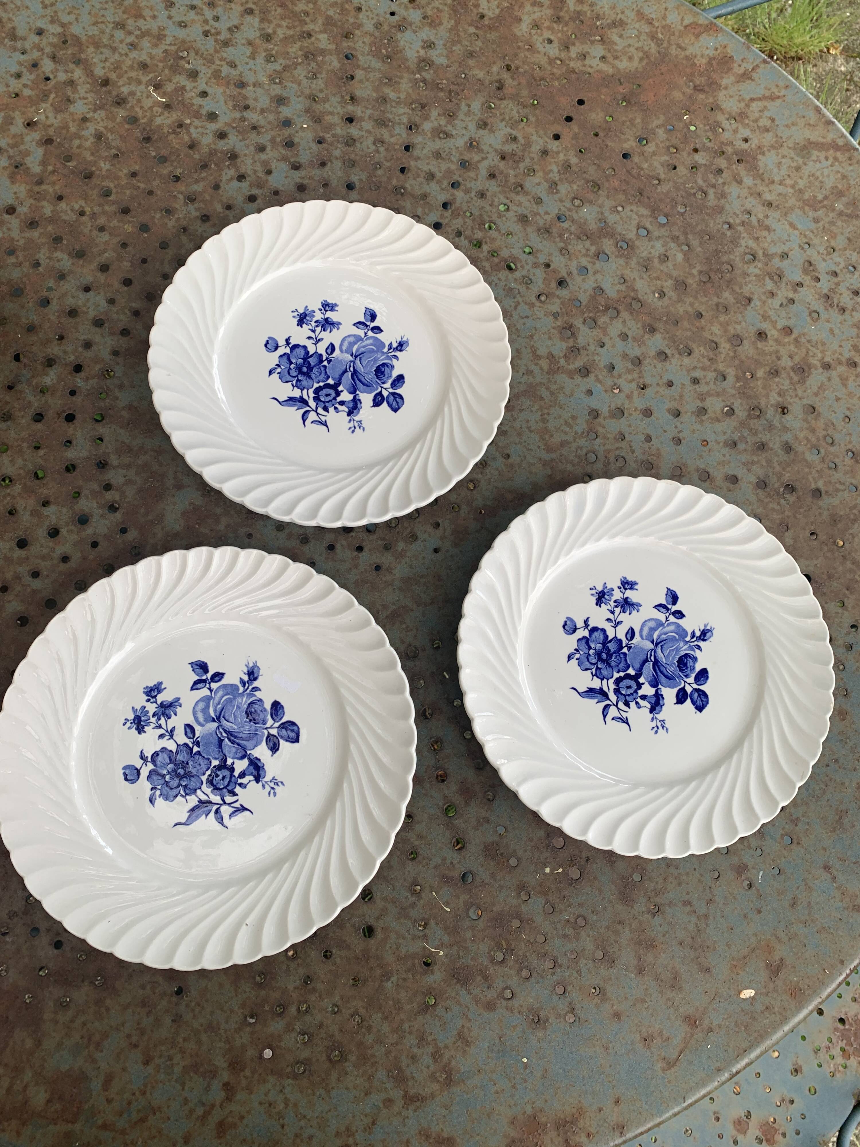 3 Luneville France vintage blue rose dinner plates