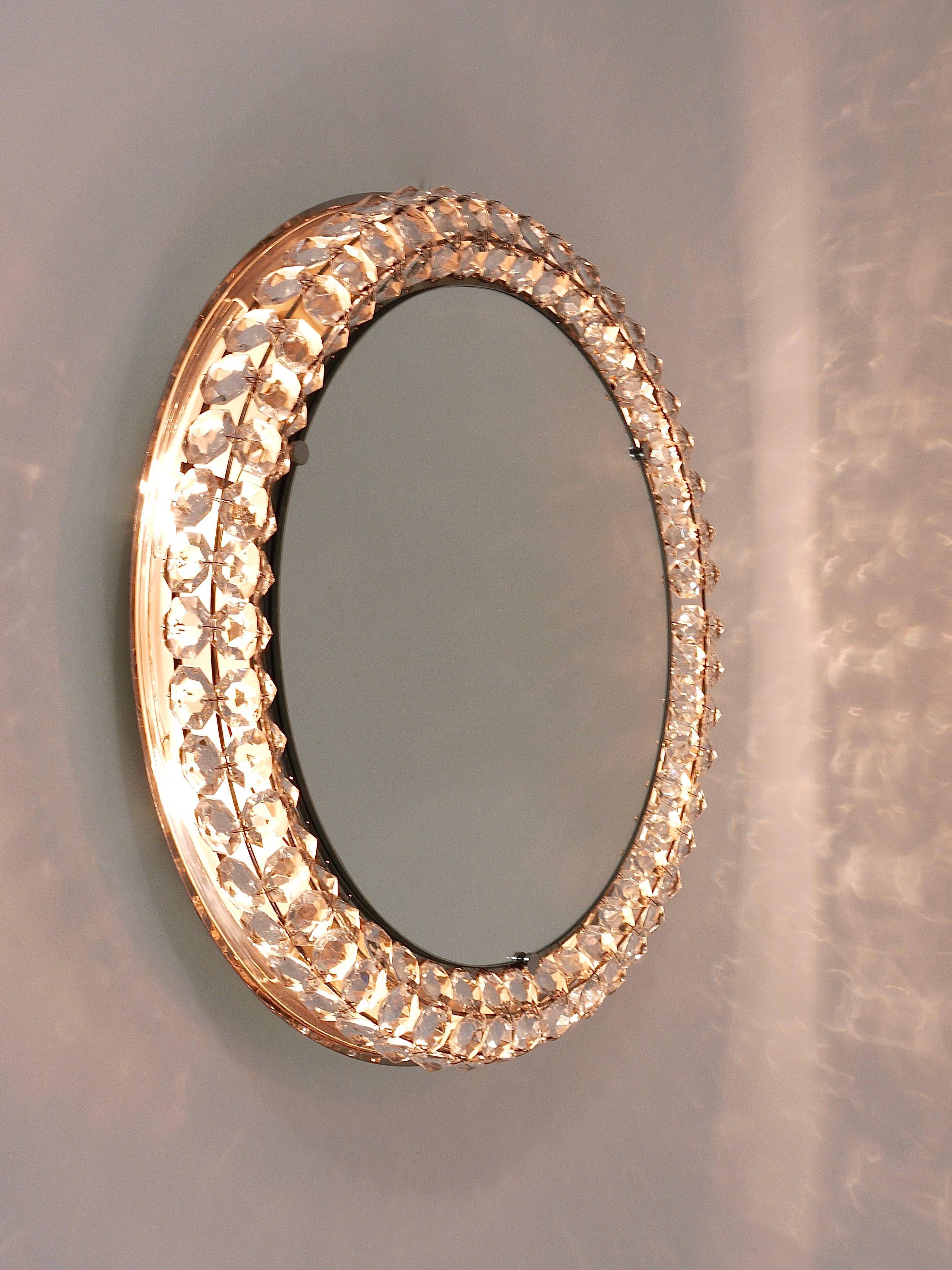 Backlit circular wall mirror Bakalowits Vienna with large crystals, Austria, 1950s