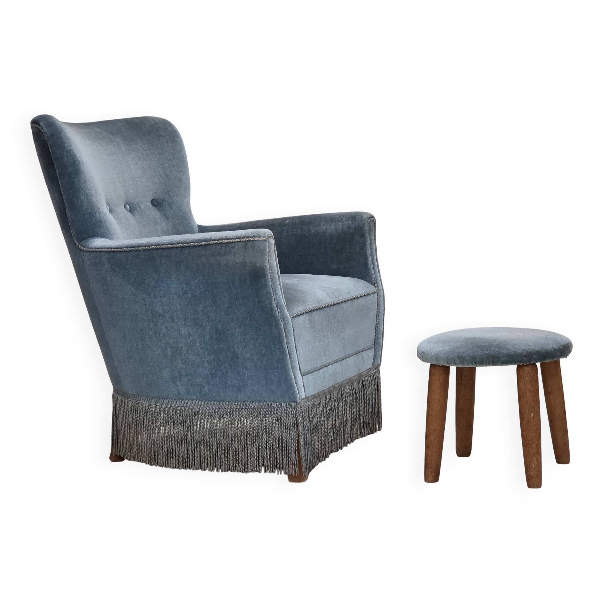 1970s, Danish armchair with footstool, blue furniture velour, oak wood legs