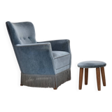1970s, Danish armchair with footstool, blue furniture velour, oak wood legs