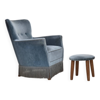 1970s, Danish armchair with footstool, blue furniture velour, oak wood legs