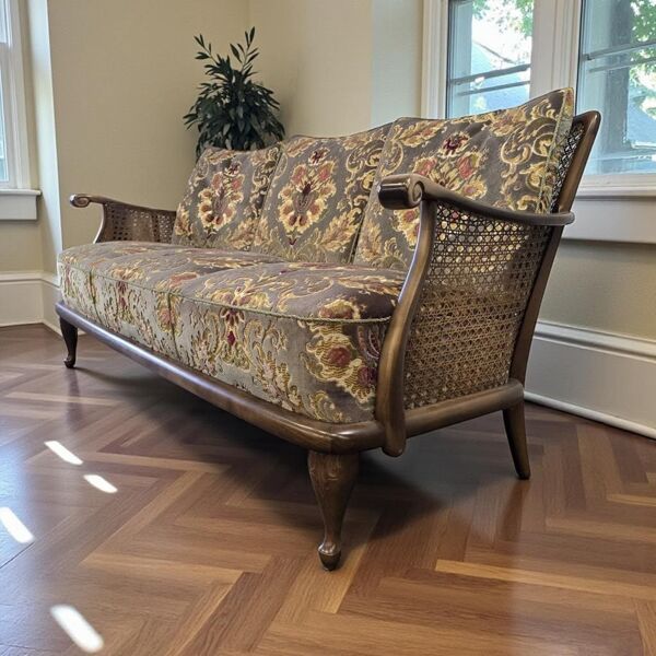 Canapé vintage en rotin avec imprimé fleuri