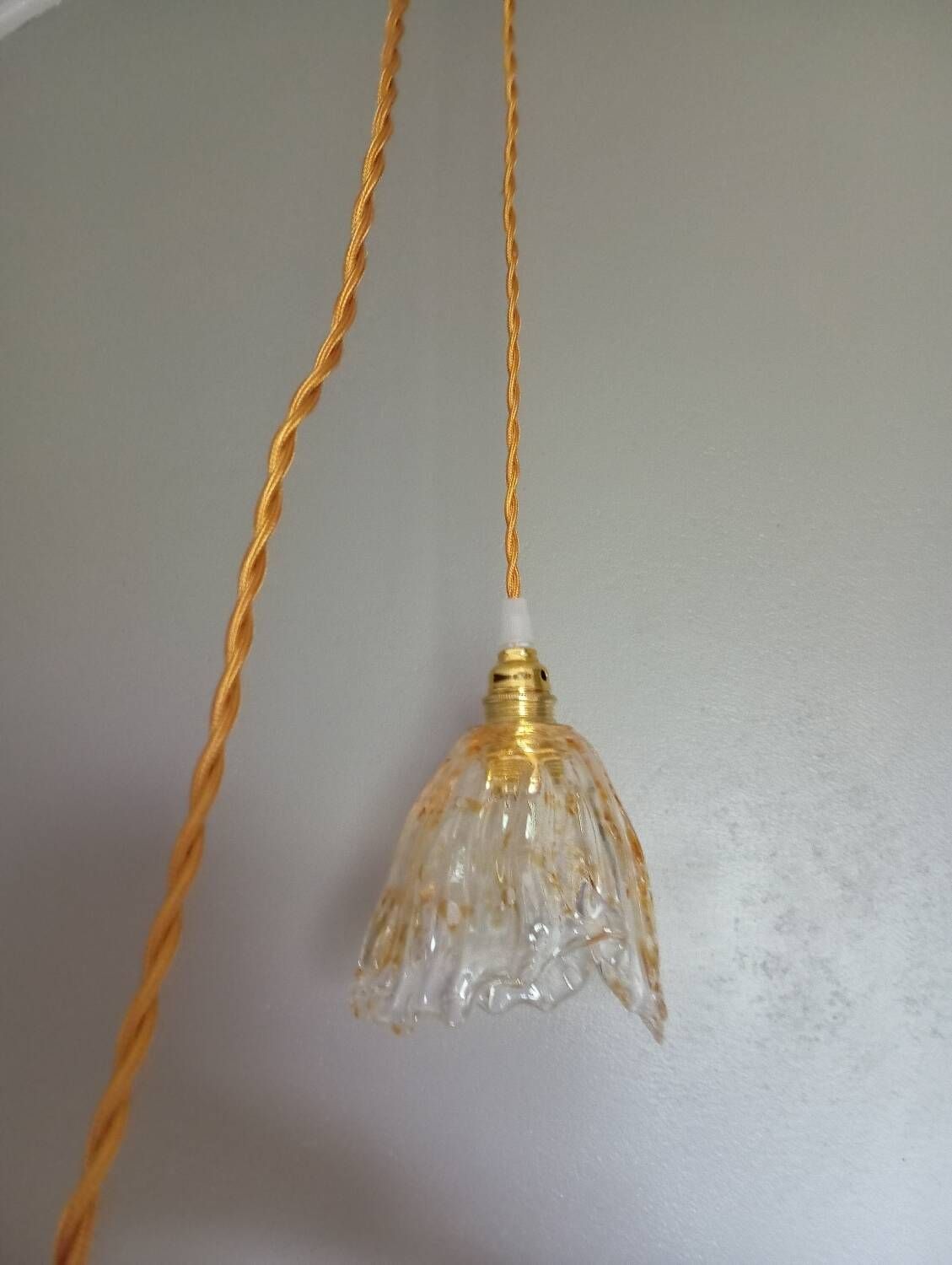 Hanging pendant light thick transparent draped and amber glass, vintage