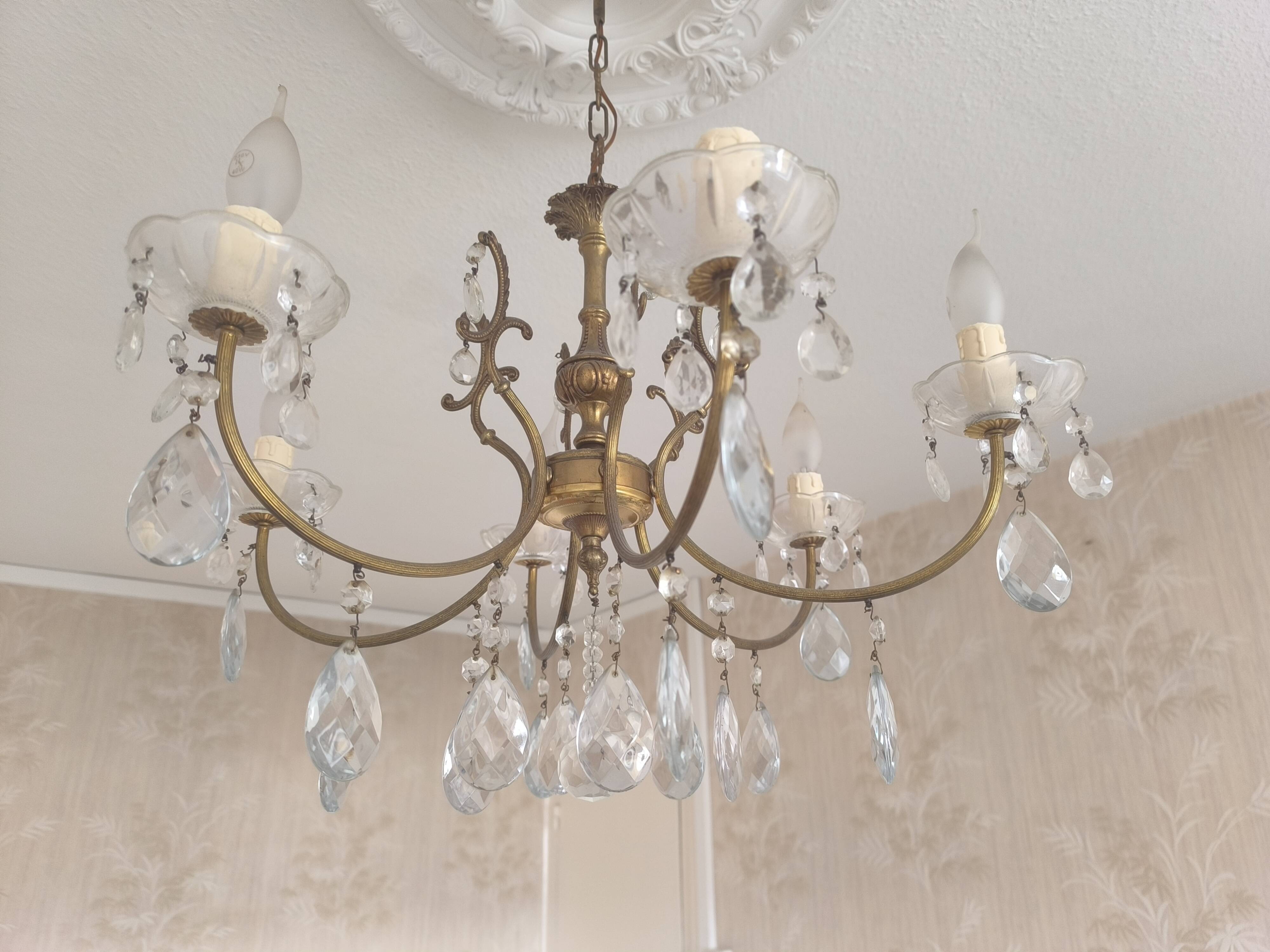 Vintage brass and crystal pendant chandelier with 6 lights