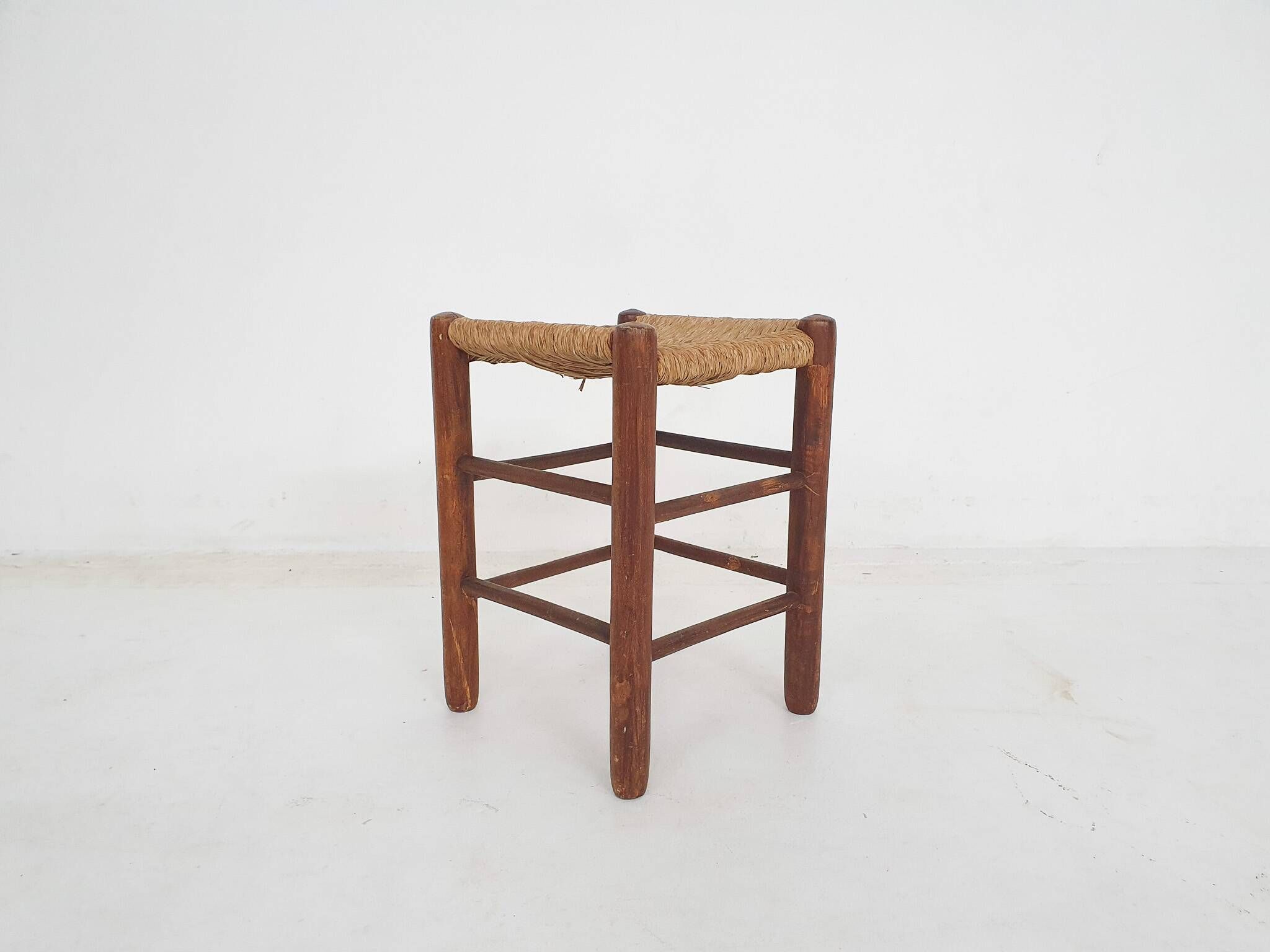 Mid-century wooden stool with rattan seating