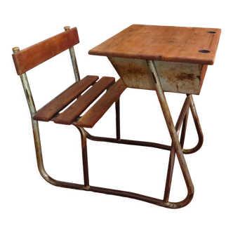 Industrial style oak and metal school desk