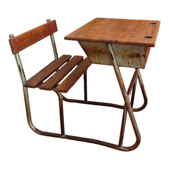 School desk in oak and metal industrial style