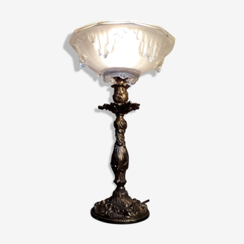 Lampe style bronze patiné et son verre opaque façon givré 22x35