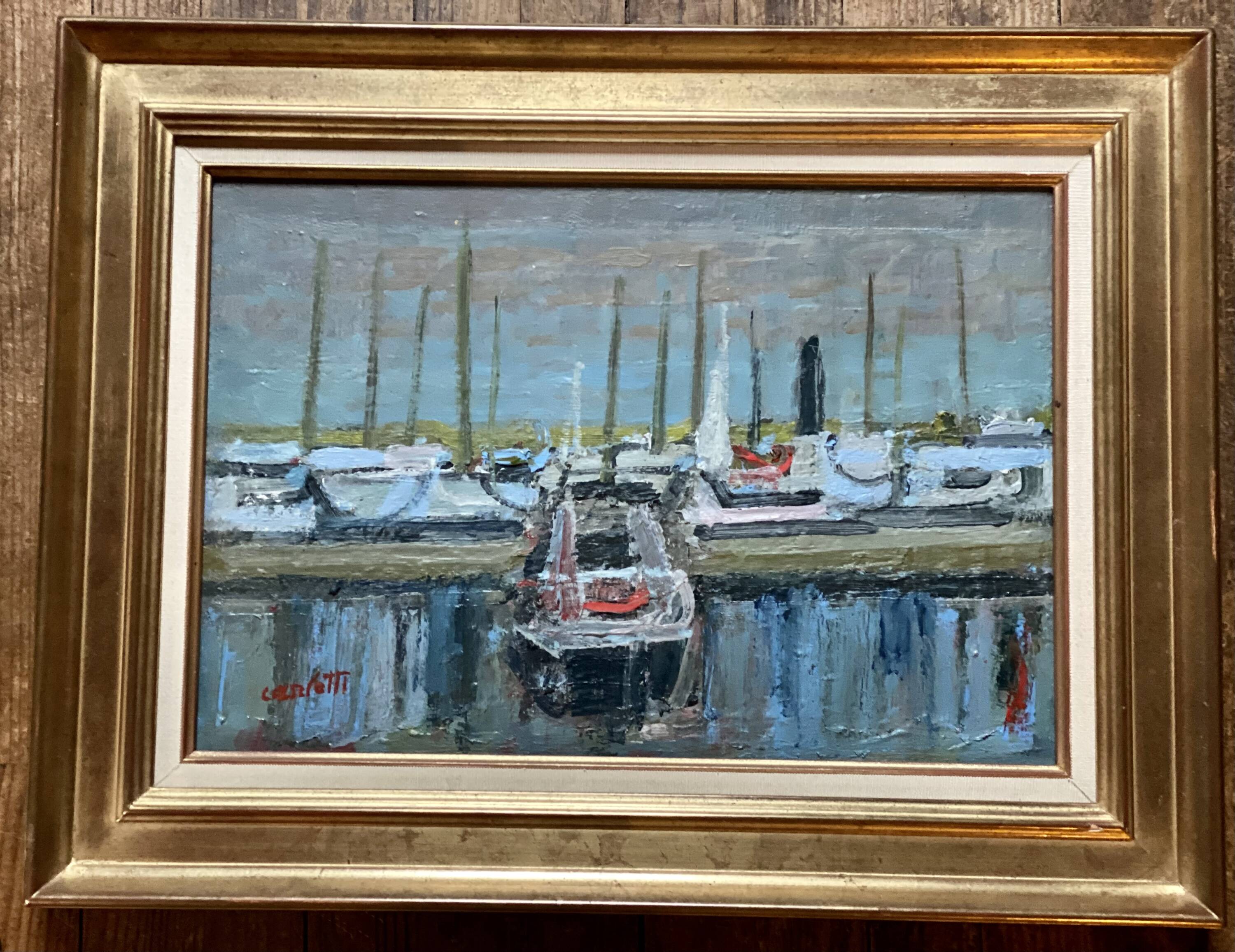 Painting by Jean Albert CARLOTTI, boat in port, Brittany, vintage marine 1950