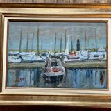 Painting by Jean Albert CARLOTTI, boat in port, Brittany, vintage marine 1950