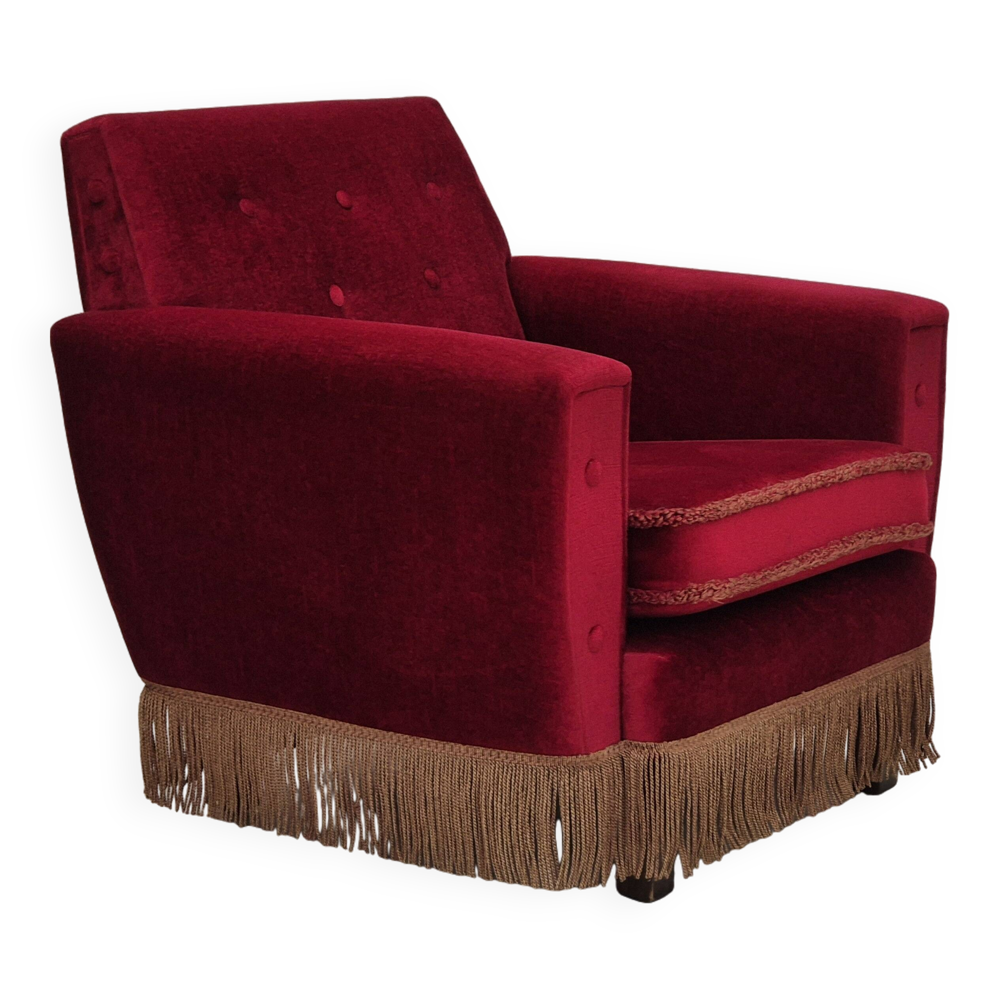 1970s, Danish lounge chair, original condition, cherry-red velour fabric.