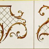 Brasserie mirror in gilded glass with a design of chinoiserie scenes.