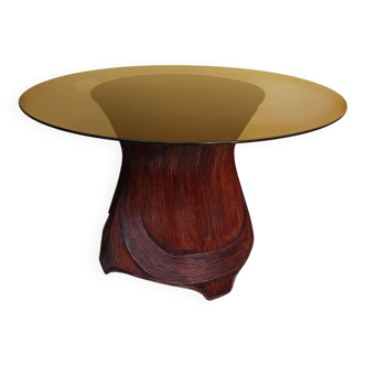 Dining table with rattan marquetry