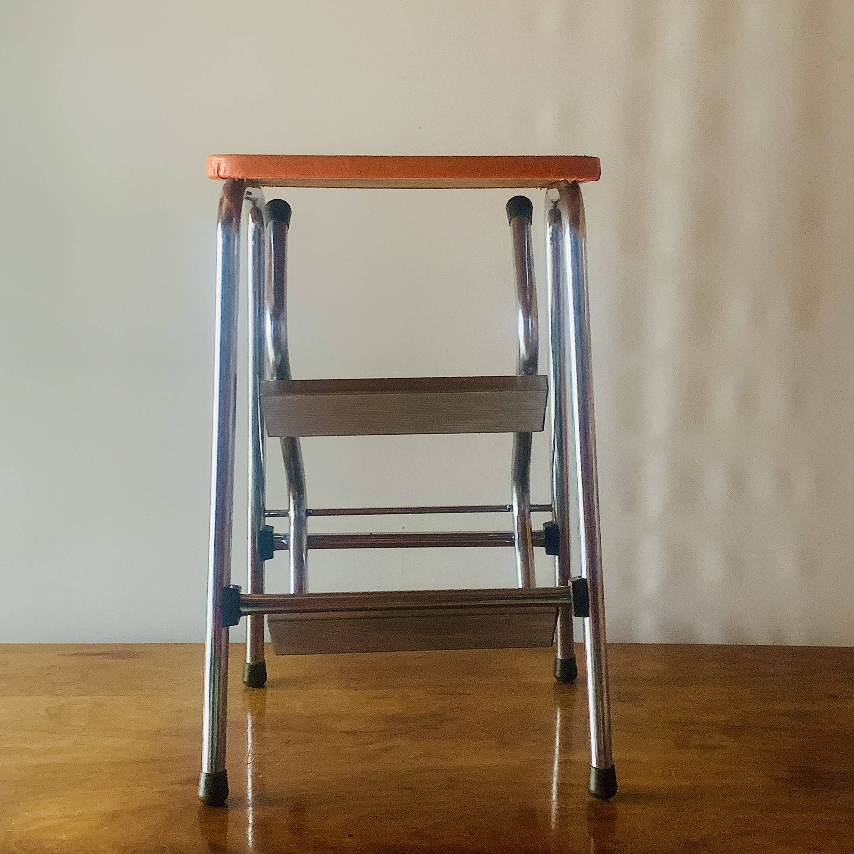 Vintage Brabantia step stool in wood, Skai and chrome metal
