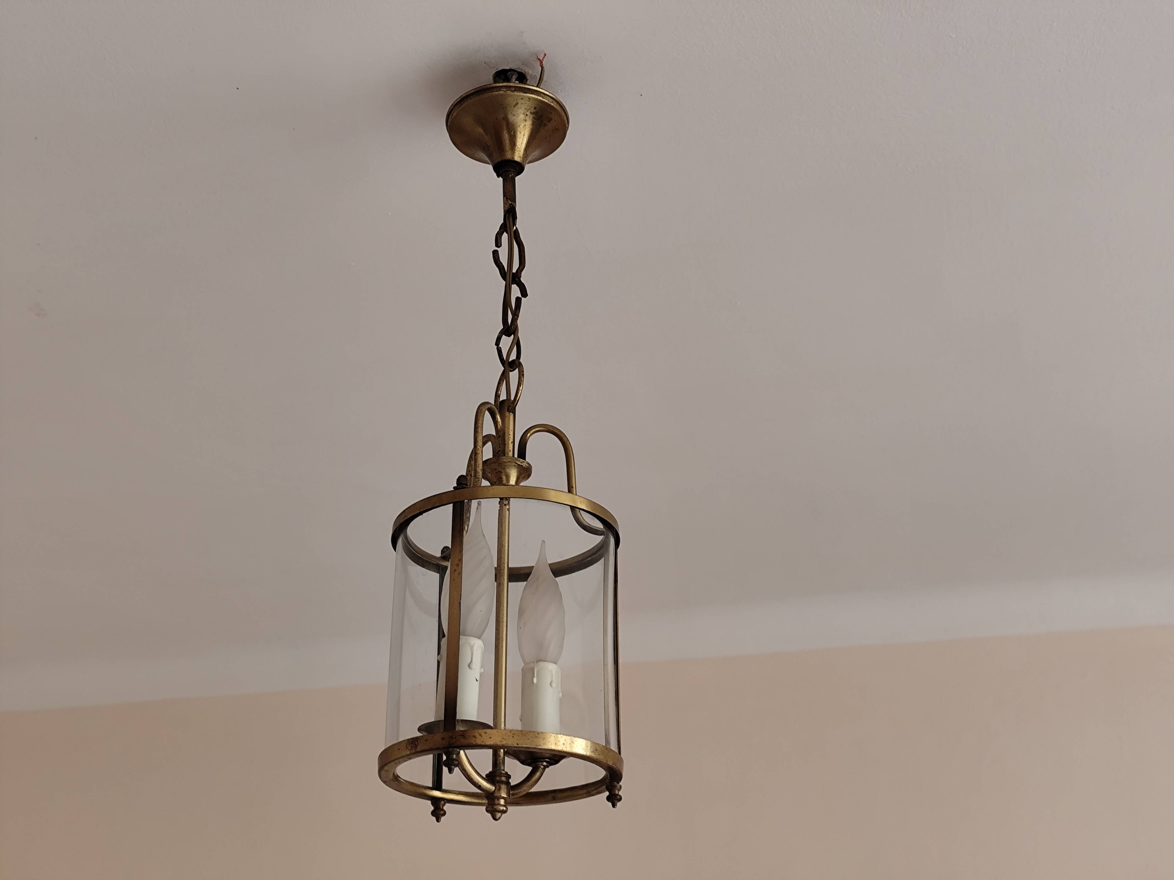 Cylindrical brass and glass lantern in Louis XVI style.