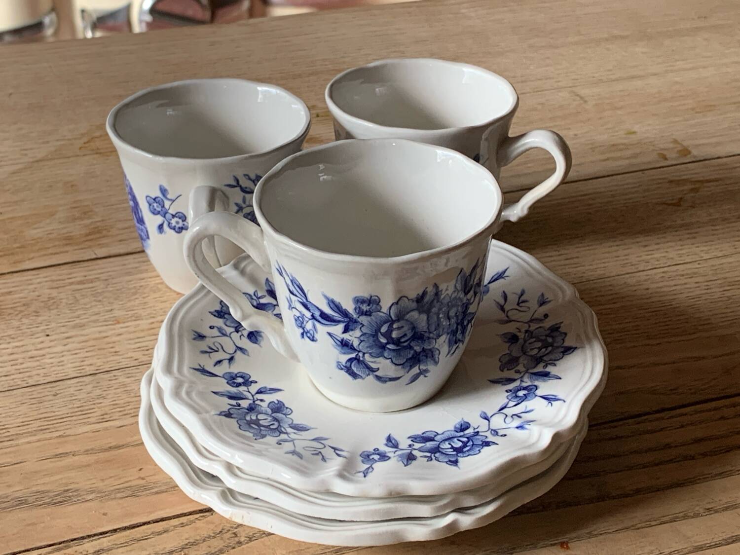 Three antique blue coffee cups from Sarreguemines, France