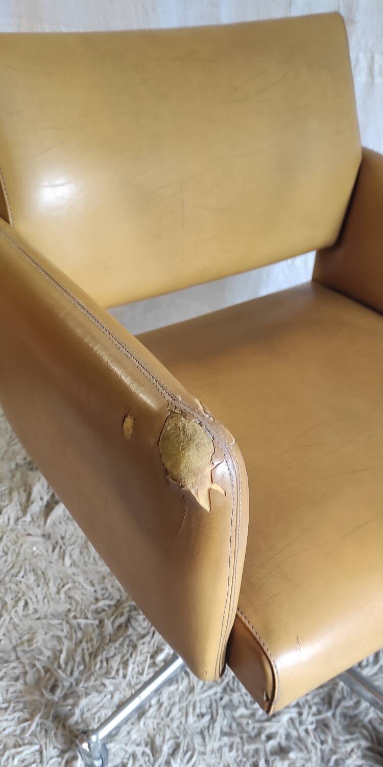 Modernist office armchair in yellow faux leather - 1950s