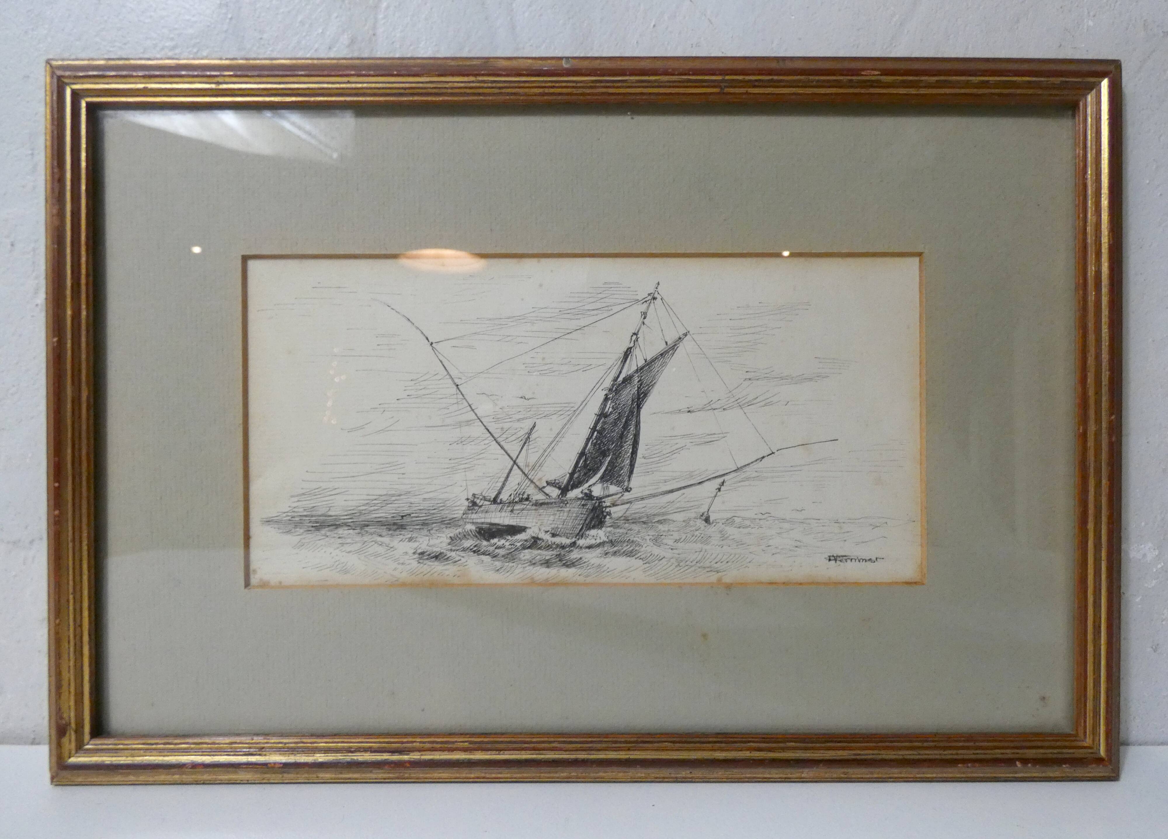 Antique ink drawing on paper, sailboat at sea, signed and framed.