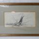 Antique ink drawing on paper, sailboat at sea, signed and framed.