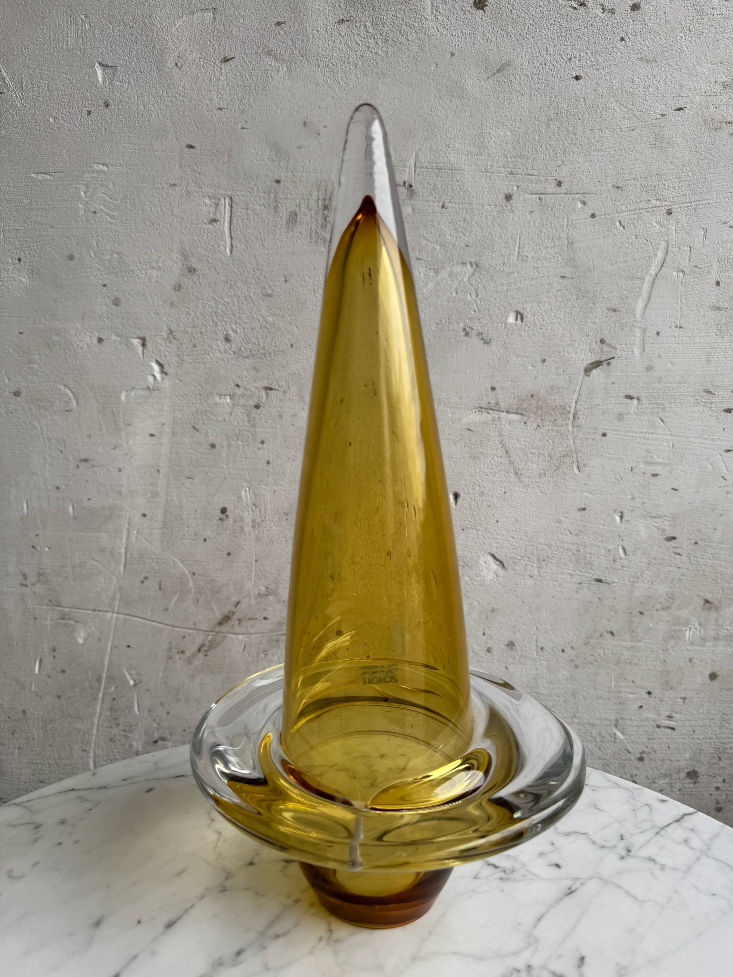 Schott Studio Honey-Amber Hand-Blown Glass Spinning-Top Vase with Clear Flange, 36cm