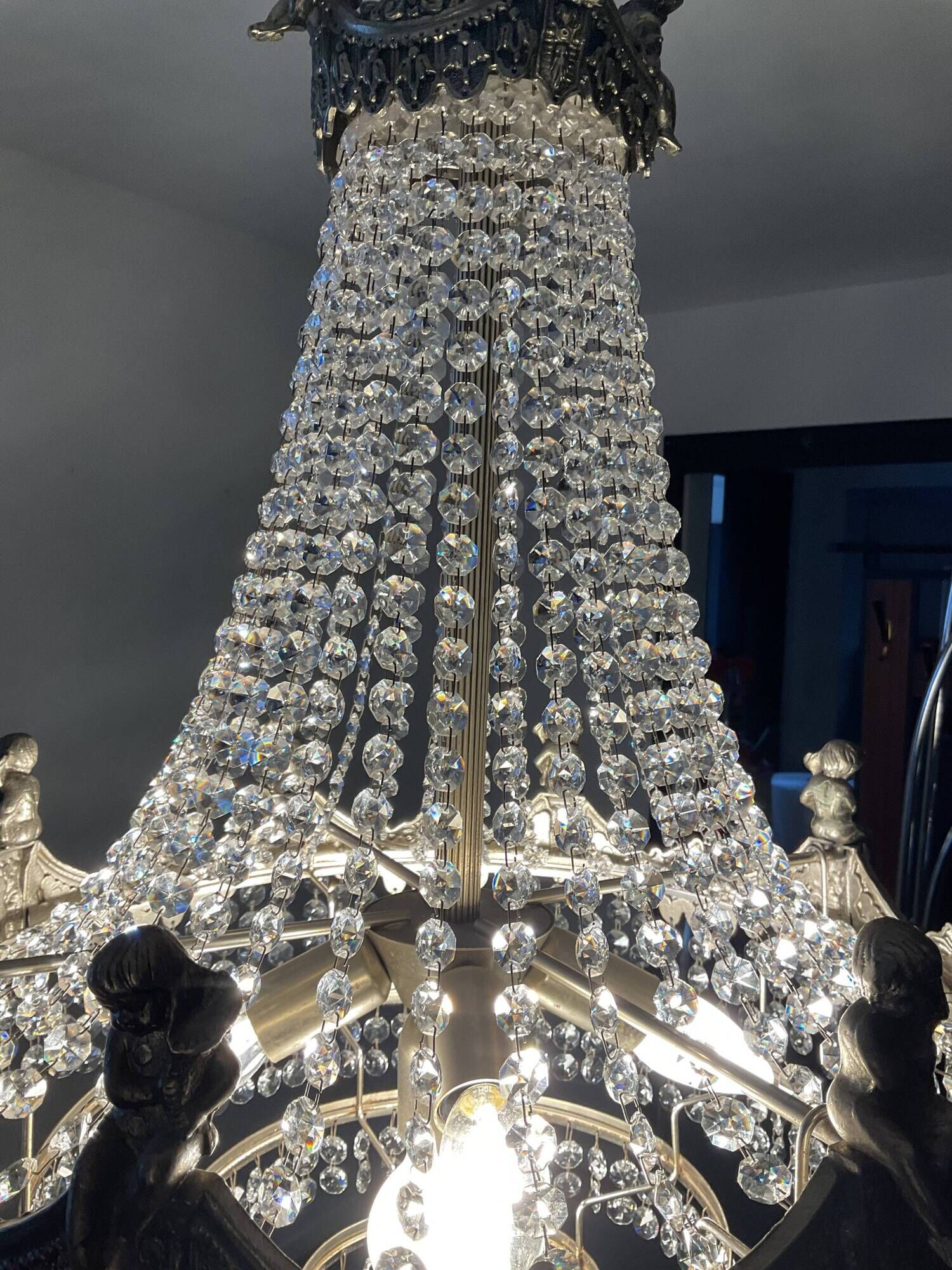 Old hot air balloon chandelier with crystal and bronze tassels