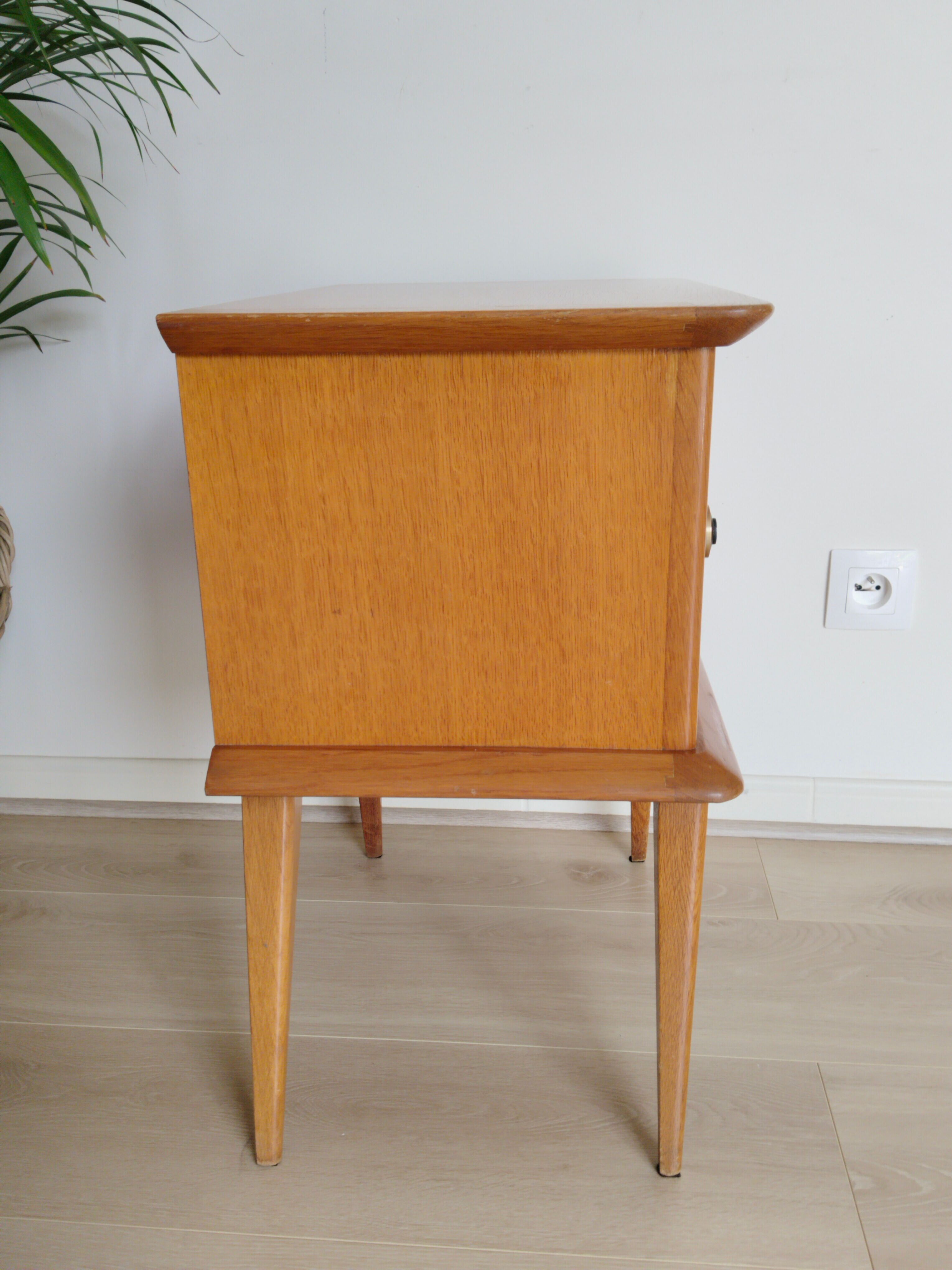 Vintage bedside table, varnish, compass legs, vintage 50s