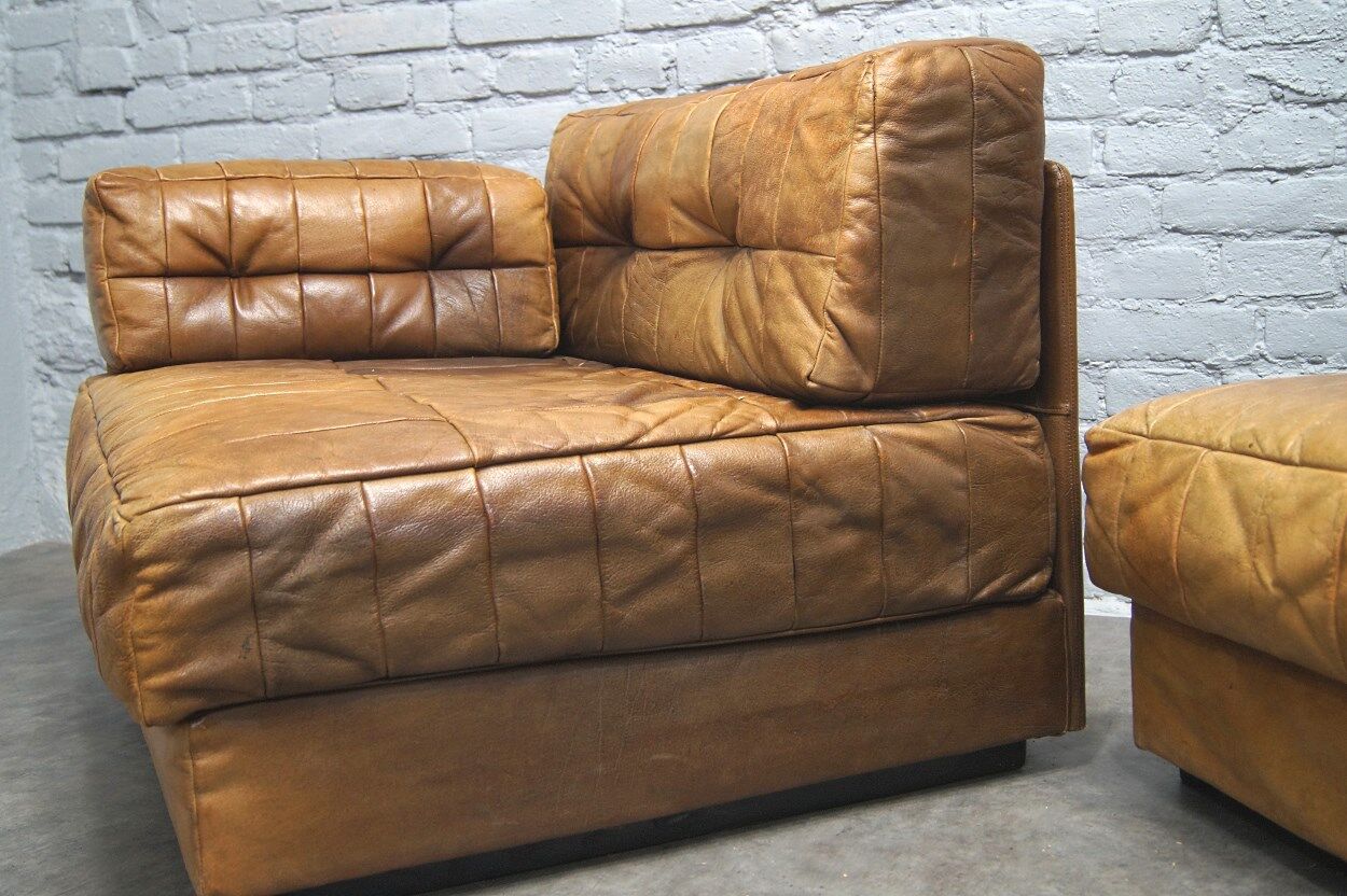 Cognac leather patchwork modular sofa or daybeds, 1970s