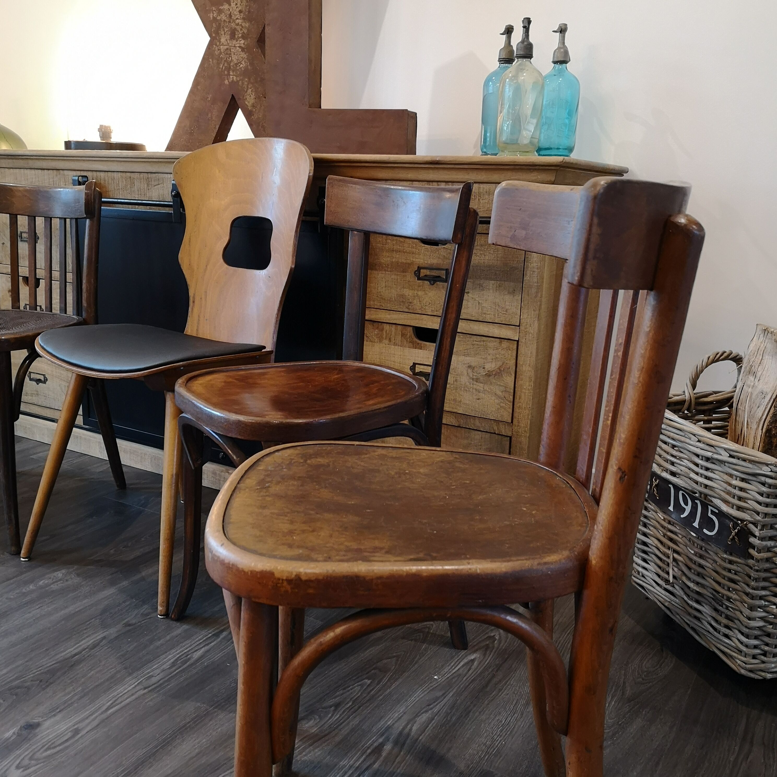 Series of 6 Bistro chairs dismatched Baumann and Fischel