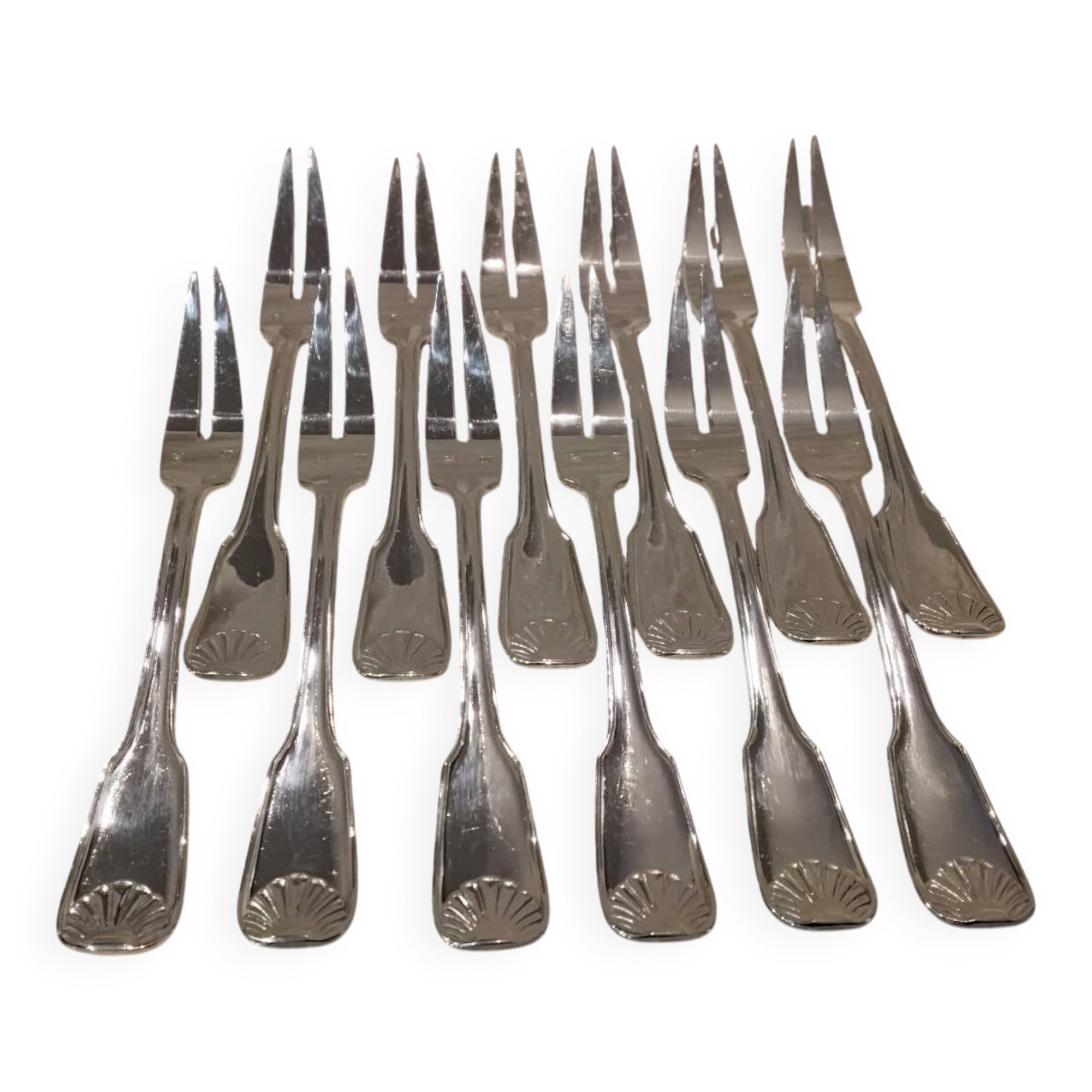 12 silver-plated metal snail forks by silversmith Noel Collet, shell design