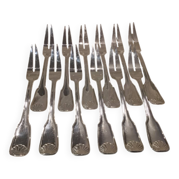 12 silver-plated metal snail forks by silversmith Noel Collet, shell design