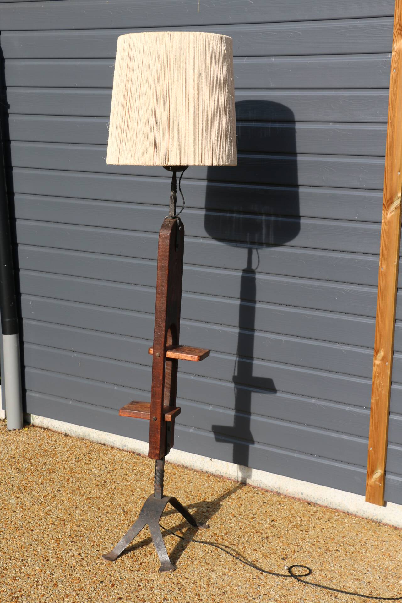 Brutalist wrought iron wood floor lamp
