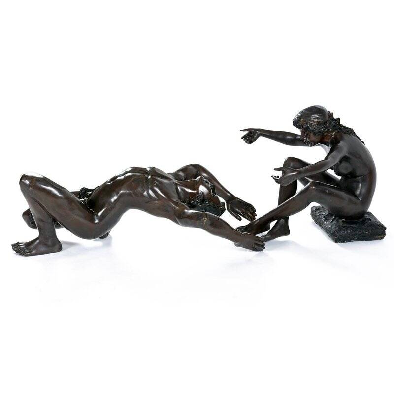 Bronze figural sculpture coffee table with glass top by C. Conndray