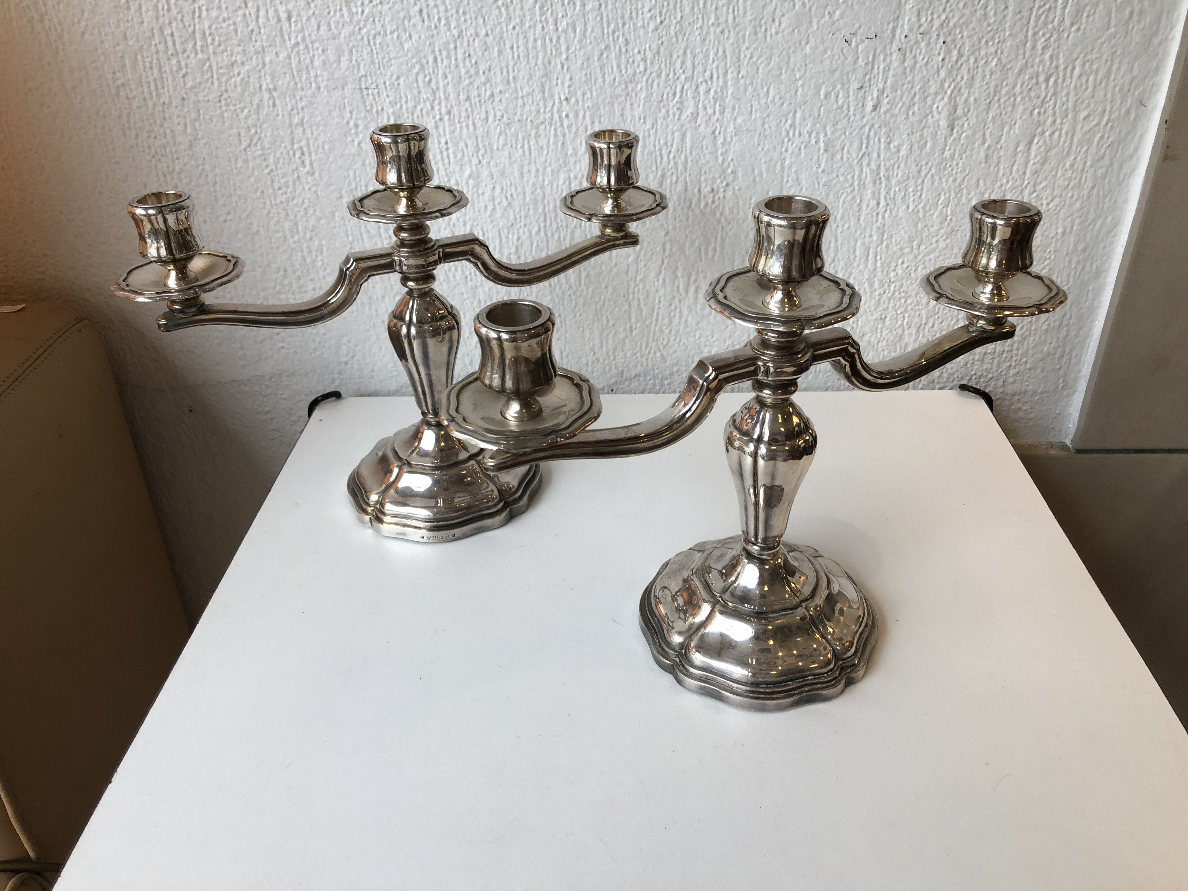 Pair of Art Deco period candlesticks in silver metal around 1940 1950