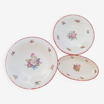 3 cream earthenware dishes with flowers, Auvergne model by Moulin des Loups, 1920