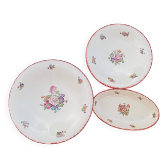 3 cream earthenware dishes with flowers, Auvergne model by Moulin des Loups, 1920